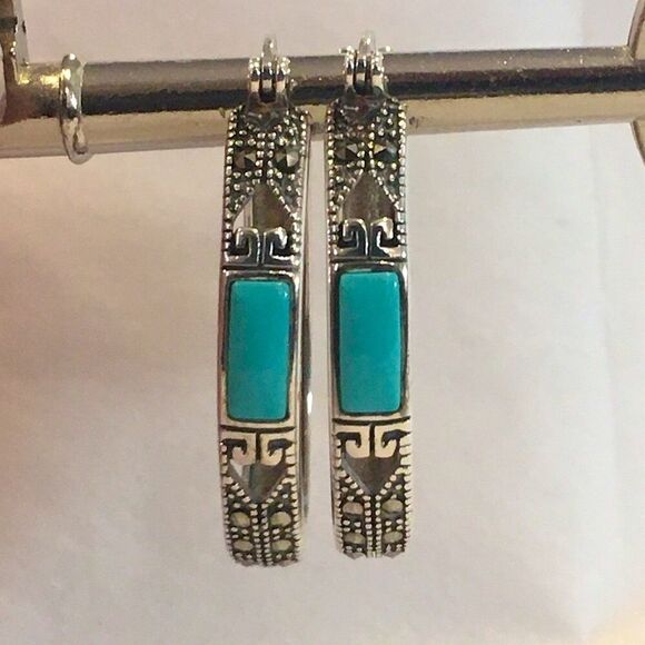 Turquoise Marcasite Sterling Silver Oval Hoop Saddle Back Earrings - Picture 9 of 9